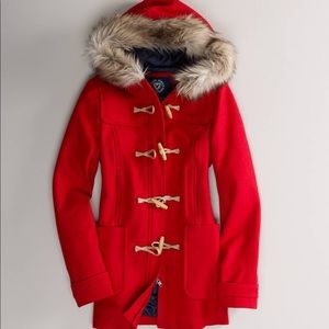 American Eagle Red Toggle Jacket w Faux Fur Hood